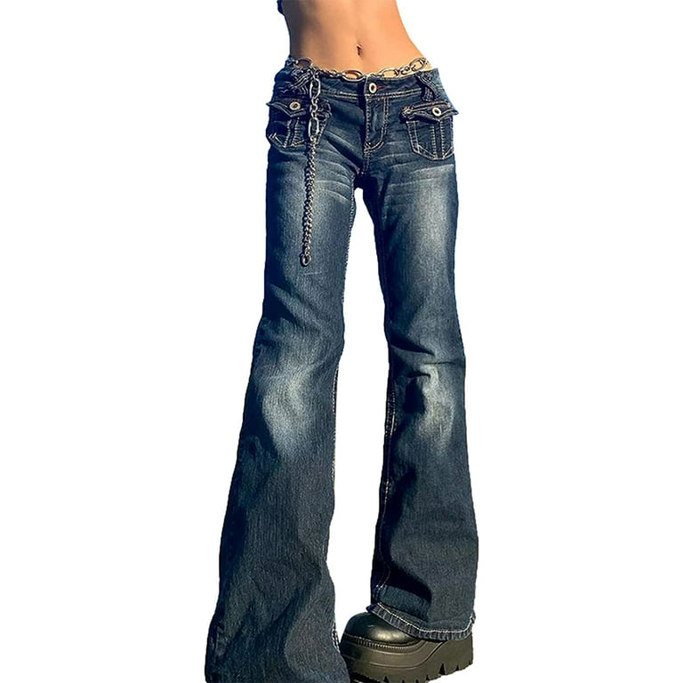 Sunisery Y2K Women's Indie Aesthetics Vintage Low Waist Pants Rise Flare  Jeans Grunge Fairy Denim Trousers Retro 