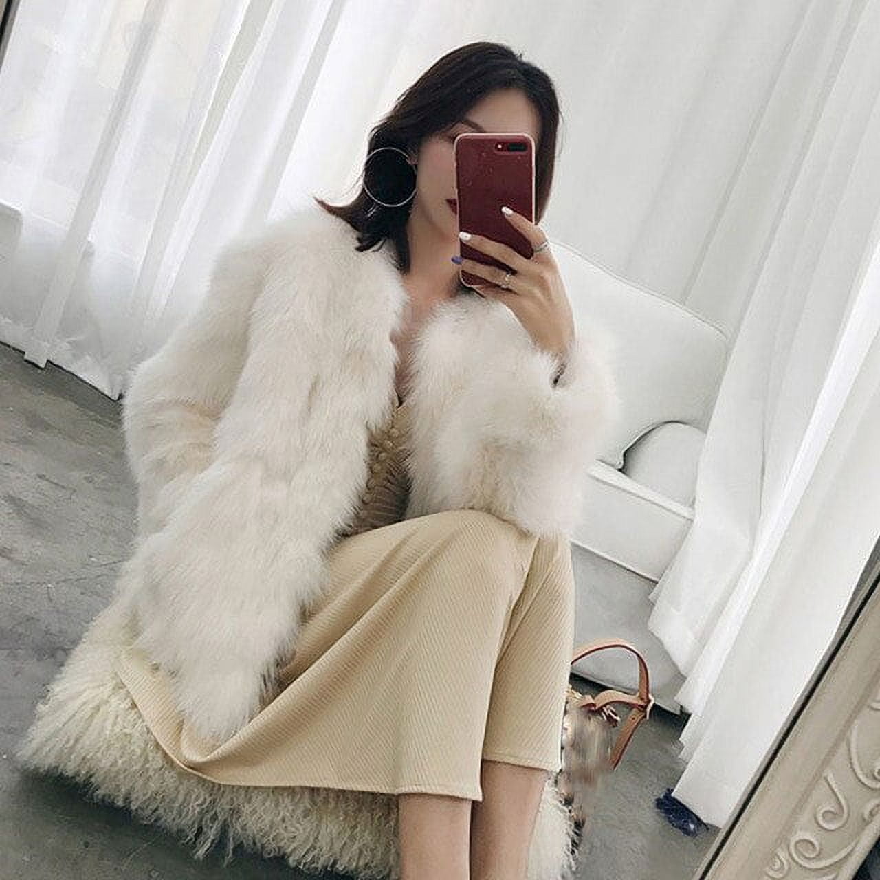 Women Winter Xmas Red Faux Rabbit Fur V-neck Korean Mid Long Coats Jacket  Parka