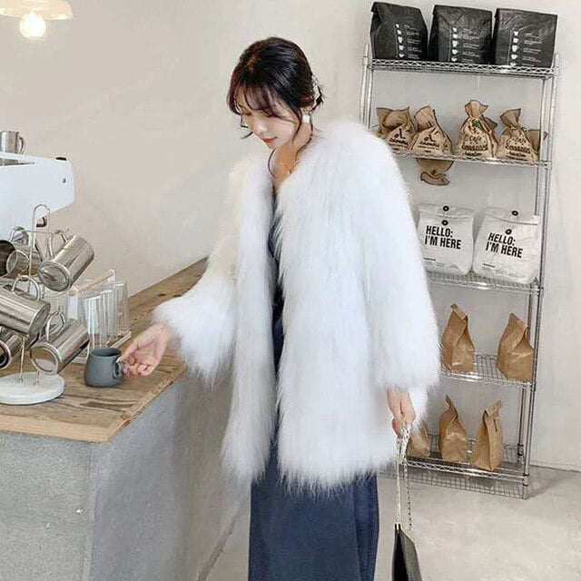 Collarless faux fur coat deals