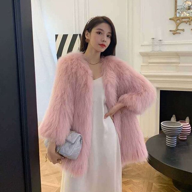 Danceemangoo Women's Korean Fashion Faux Fur Jacket