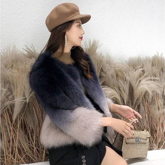 DanceeMangoo Fashion Gradient Plush Jacket Women Korean Slim Short Faux Fox  Fur Coat Female Elegant High Quality Furry Fur Overcoat 