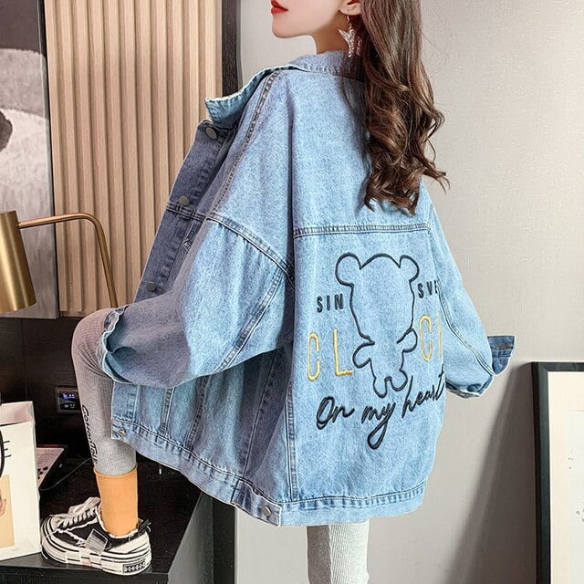 DanceeMangoo Korean Loose Woman Blue Jean Jacket Turn-down Collar  Embroidery Denim Jacket Women Streetwear Big Pocket Cotton Long Sleeve 