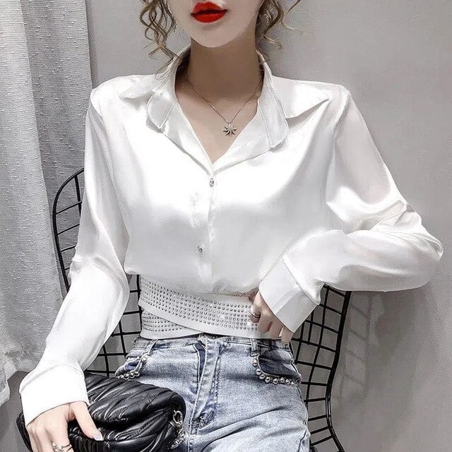 DanceeMangoo Fashion Rhinestones Women Blouse Spring Elegant Slim Fit Satin  Shirts Korean Office White Short Blouses Ladies 