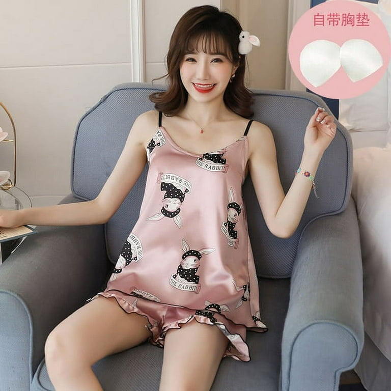 DanceeMangoo Fruit Print Lovely Sleepwear Home Suit Summer V Neck Sleeveless Sexy Pyjamas Womens Two Piece Silk Pajamas Set with Chest Pad Walmart