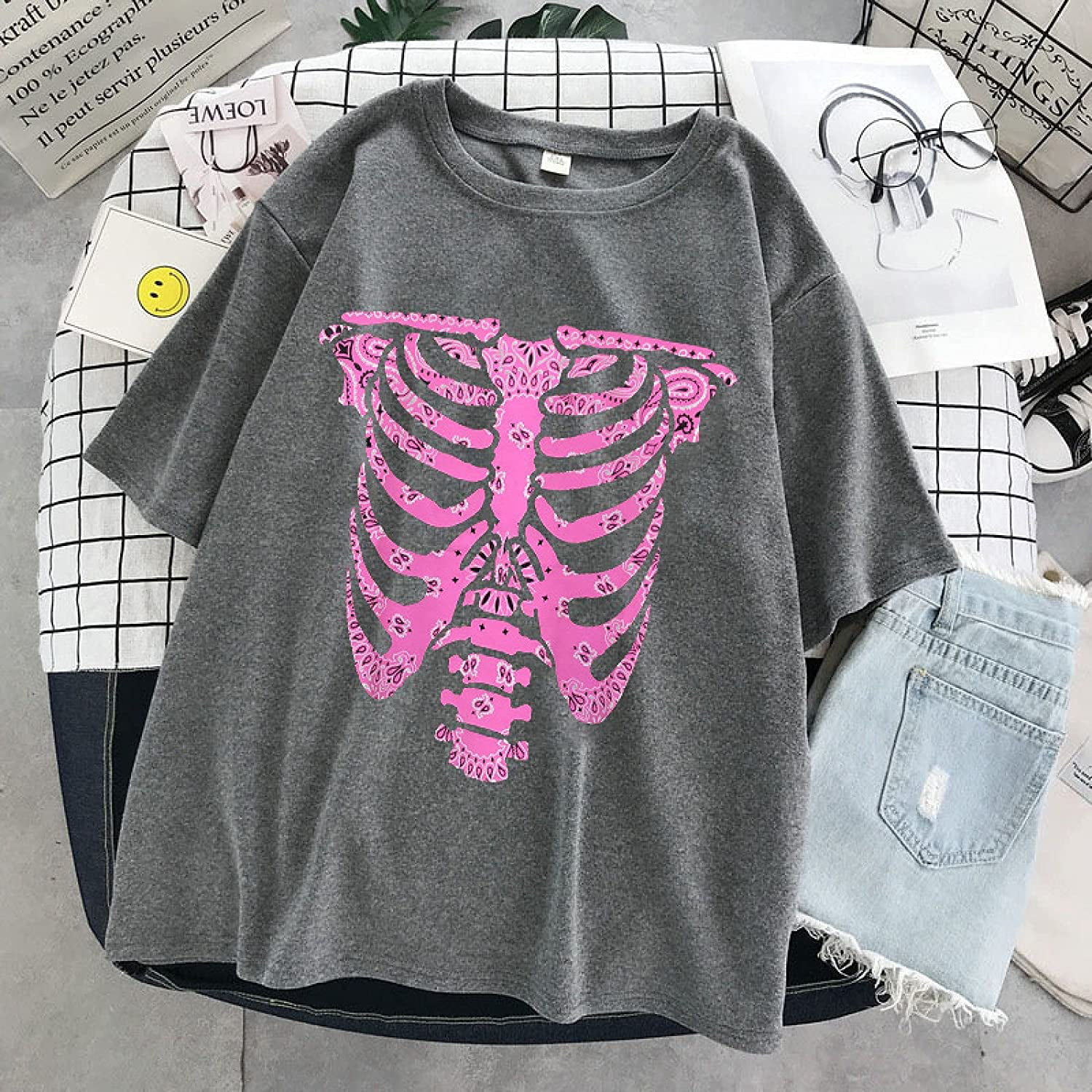 Punk Emo Styles Gothic Goth Clothes Skeleton Gifts' Women's Rolled Sleeve  T-Shirt