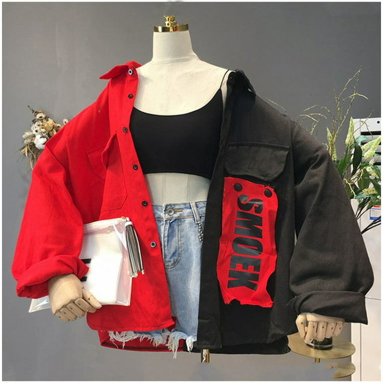 DanceeMangoo Harajuku Bomber Jacket Coats Women Loose Pocket Designer Cool  Red Streetwear Hot Sale Kpop Yellow Spring shirt thin jeans jacket