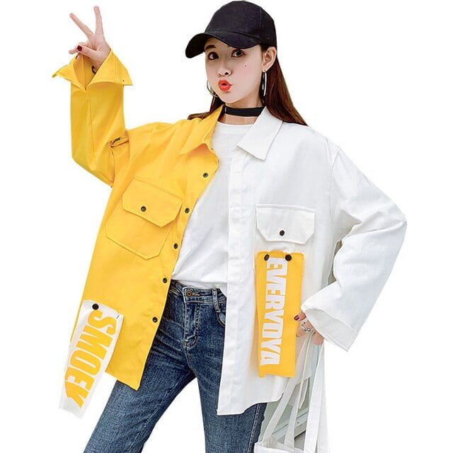 DanceeMangoo Harajuku Bomber Jacket Coats Women Loose Pocket Designer Cool  Red Streetwear Hot Sale Kpop Yellow Spring shirt thin jeans jacket 