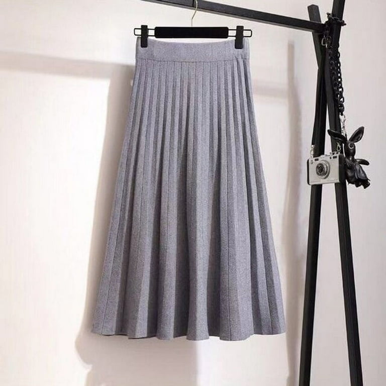 DanceeMangoo High Waist Women Knit Pleated Skirt Spring Casual Solid Color Midi Skirt Woman Korean Knee Length A Line Skirts