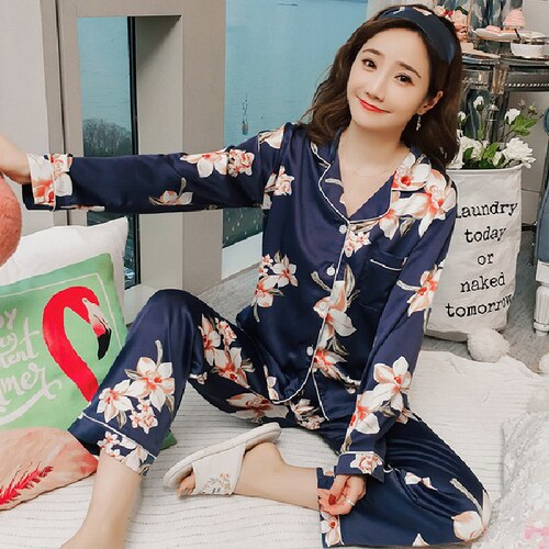 DanceeMangoo Hot Sale Long Sleeve Silk Pajamas Soft Women Autumn