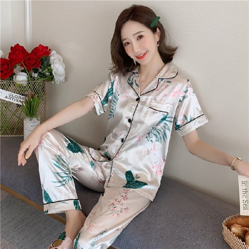 DanceeMangoo Hot Sale Short Sleeve Silk Pajamas Soft Women Summer Home Set  Girl Sleepwear Pyjamas 3XL 4XL 5XL 85kg Nightwear Set