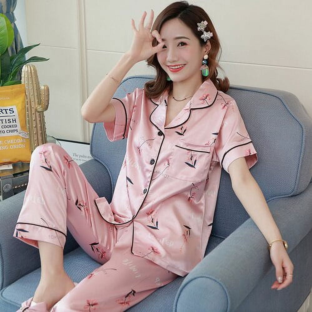 DanceeMangoo Hot Sale Short Sleeve Silk Pajamas Soft Women Summer