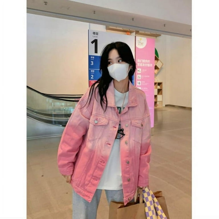 DanceeMangoo Jean Jacket Female Vintage Single Breasted Korean Style Denim  Coat Autumn Jackets For Women Pink Gradient Casual 