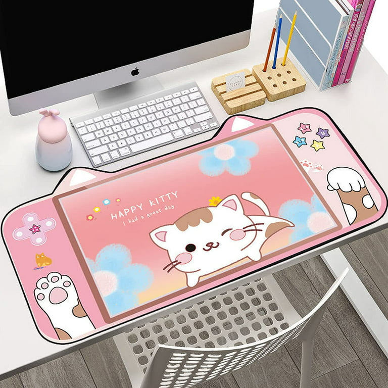 DanceeMangoo Kawaii Anime Desk Mat Cute Cat Ear Mouse Pad Large Computer  KeyboardGamer Cartoon Harajuku Gaming Notebook Accessories (Pink cat,80x40