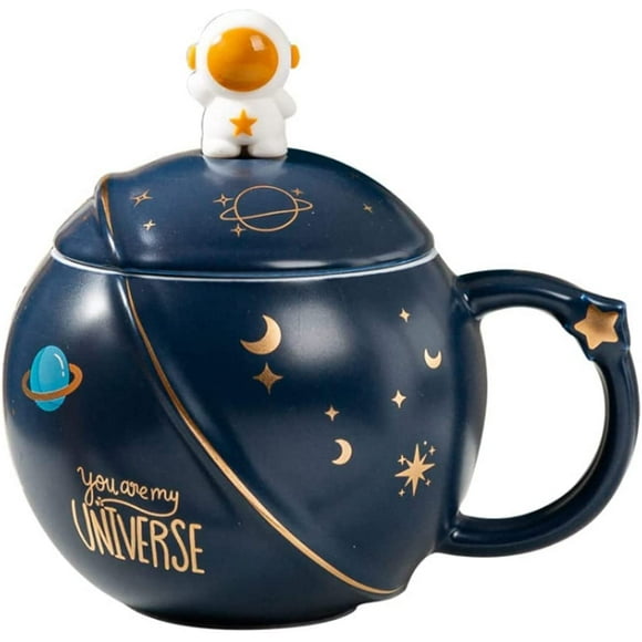 DanceeMangoo Kawaii Astronaut Mug with Lid and Spoon, Handmade Cute Ceramic Cup for Coffee, Tea, Milk, Water, Space Mug Novelty Gift Dark Blue 450ml/15oz