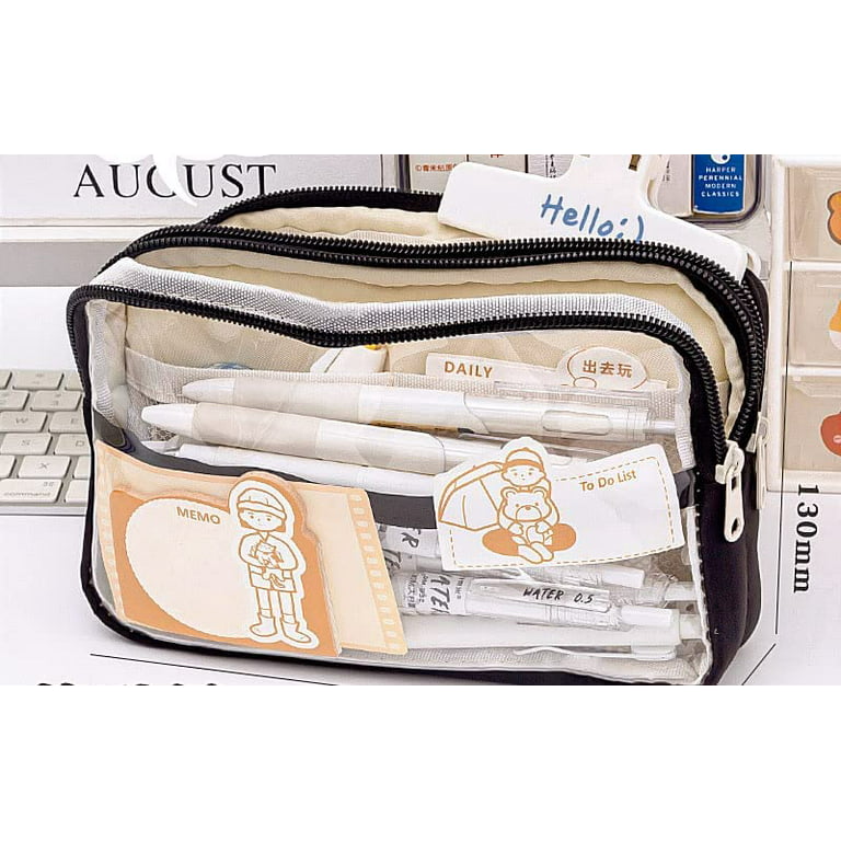 Clear Pencil Pouch Aesthetic School Supplies Large Cute Pencil Case for  Girls Preppy Pencil Case Aesthetic (Beige-6 Layers,with Clip & Sticky Note)