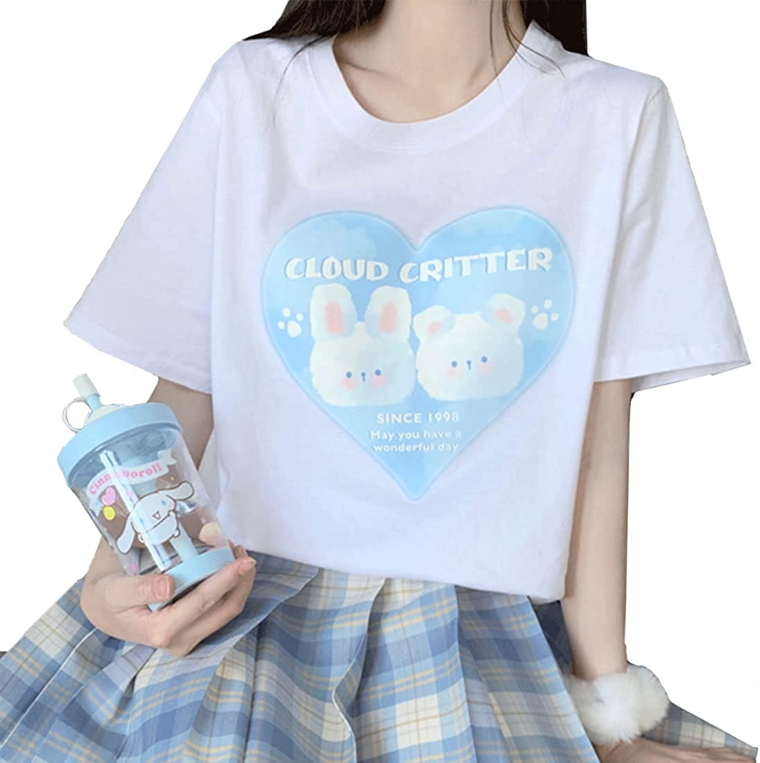 DanceeMangoo Kawaii Clothes Pastel Goth Fashion Crewneck Soft Cute Cartoon  Heart Print Cloud Critter T-Shirt 