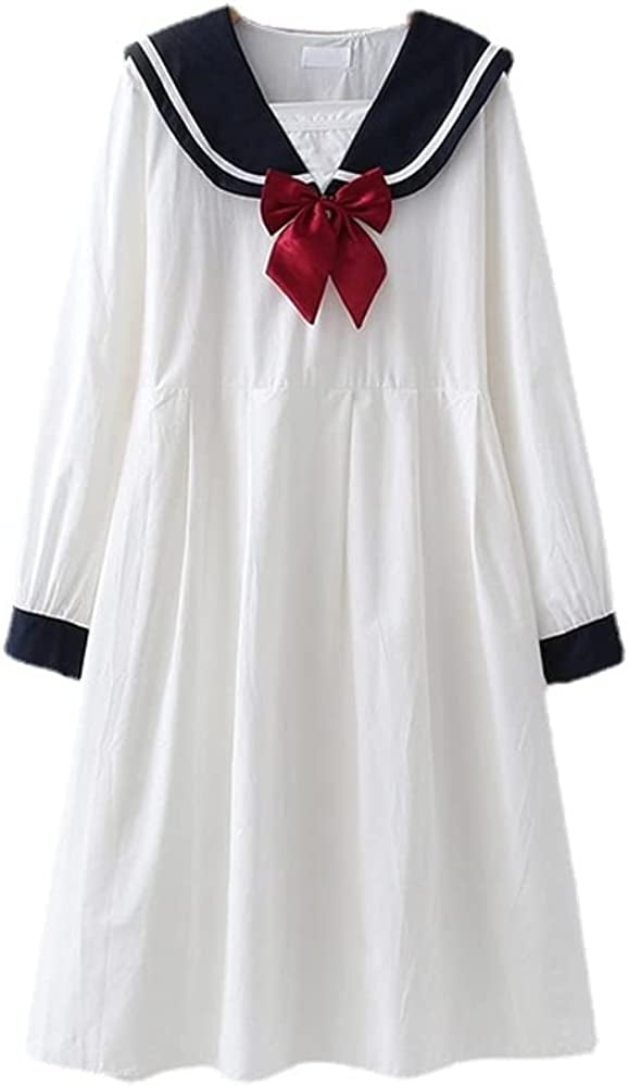 DanceeMangoo Kawaii Cute Japanese School Style Anime Dress A Line Long  Sleeves Sailor Collar Bow Junior Teen Girl