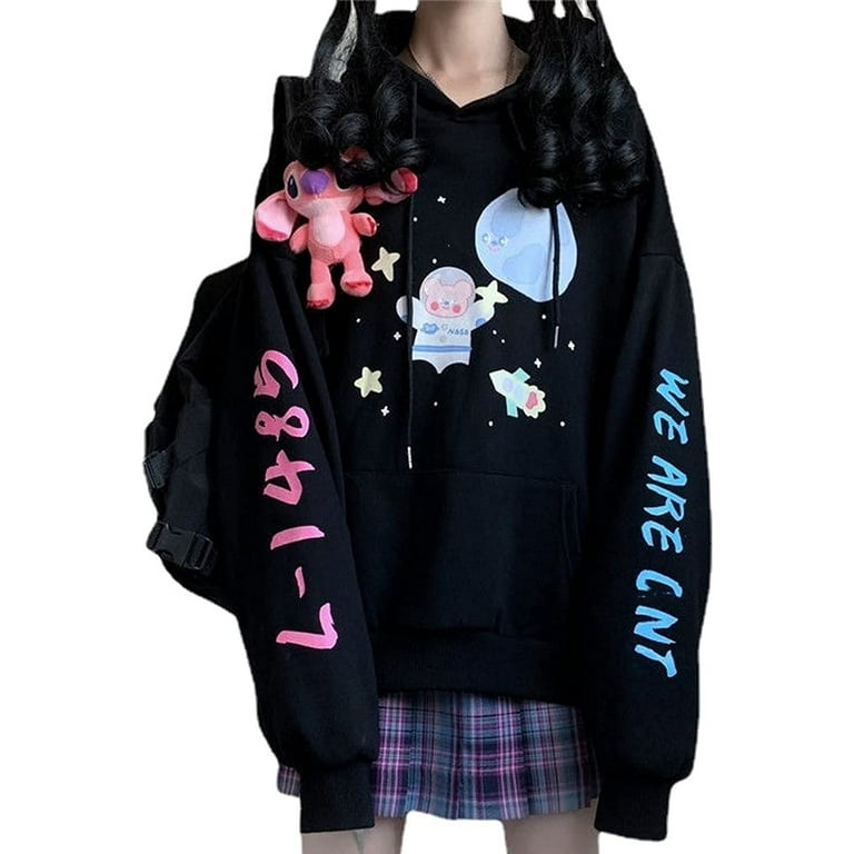 Kawaii Clothing Gothic Punk Cat Hoodie Black Sweatshirt Harajuku Ulzzang  Lace Up