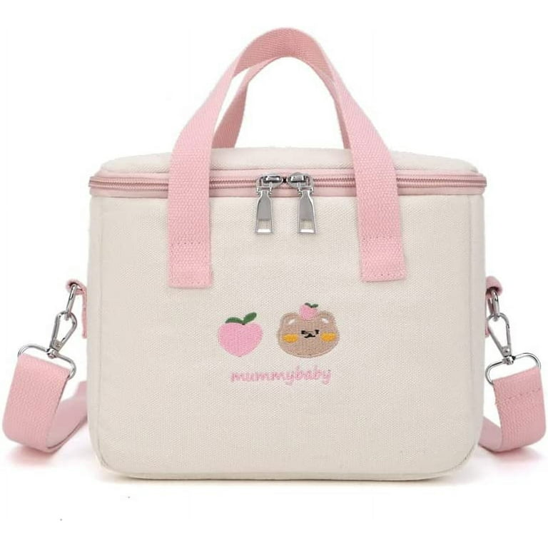 DanceeMangoo Kawaii Lunch Tote Bag Cute Embroidery Bear Insulated Lunch Bag  Aesthetic Lunch Box Preppy Lunch Bags for Women (Pink)