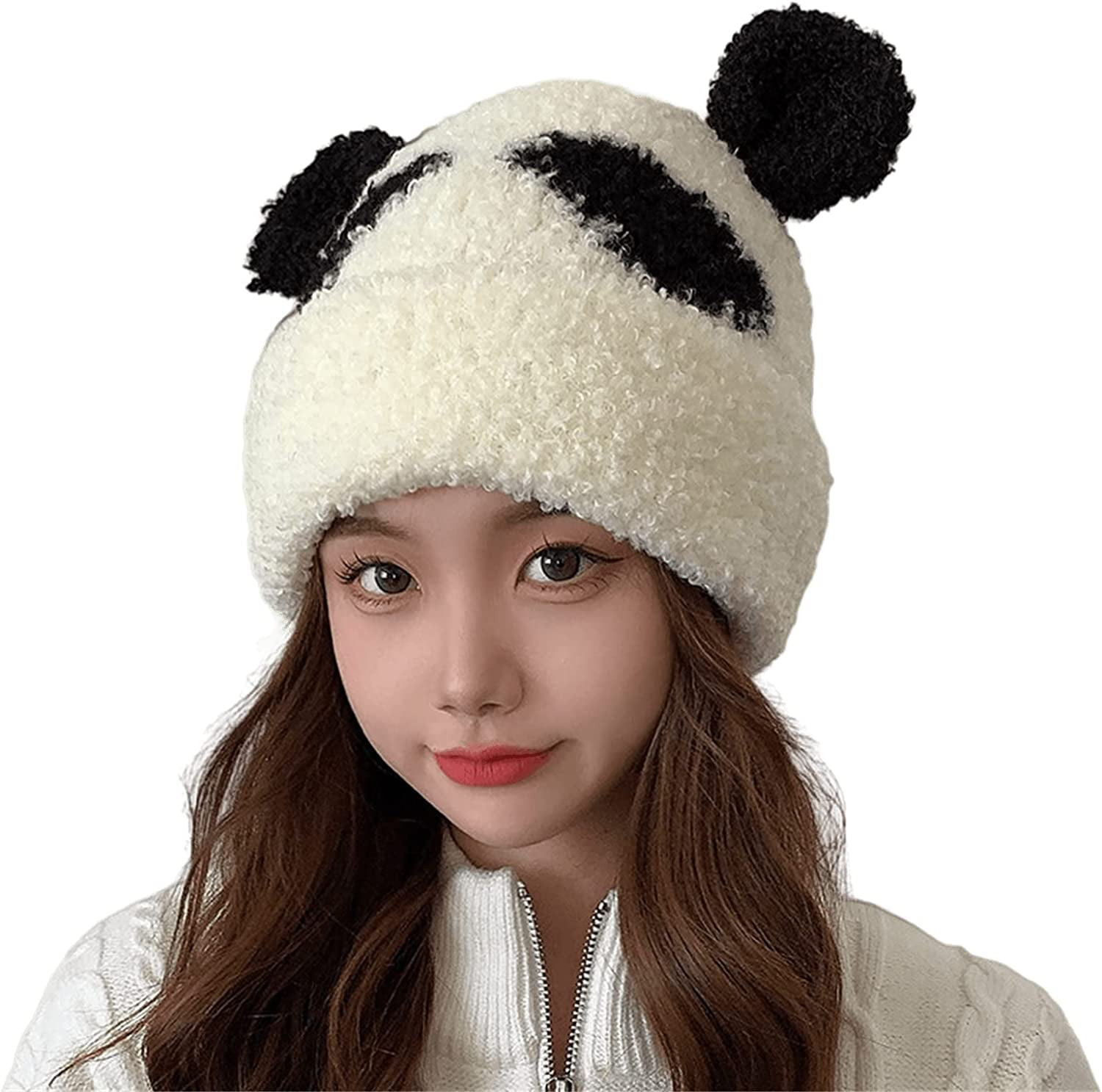 Danceemangoo Women Kawaii Pom Poms Faux Fur Bear Ear Fleece Knit Hat, Japanese Cute Warm Sherpa Scarf Neck Beanie Hat Winter Fall, Adult Unisex, Size