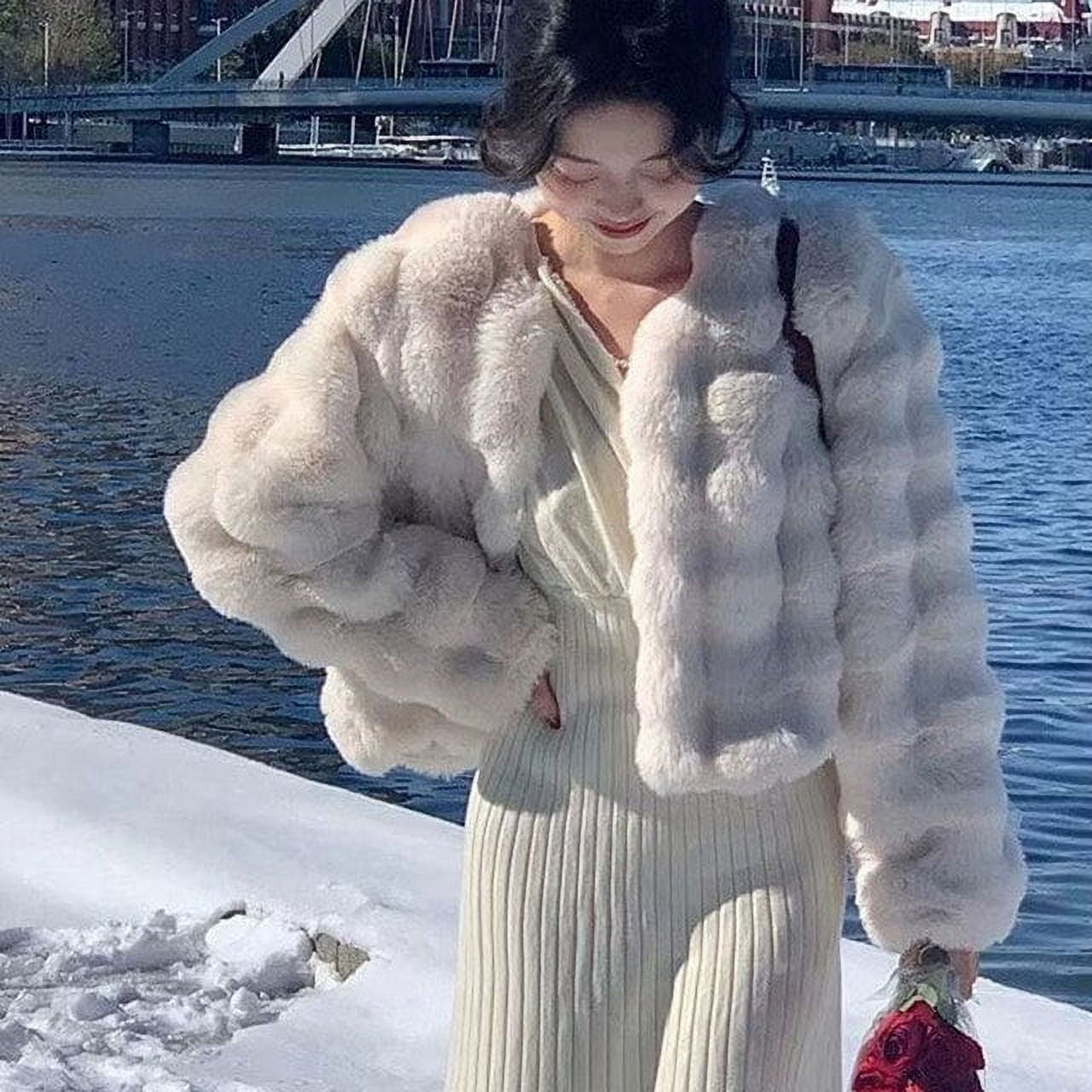 Women Winter Xmas Red Faux Rabbit Fur V-neck Korean Mid Long Coats Jacket  Parka