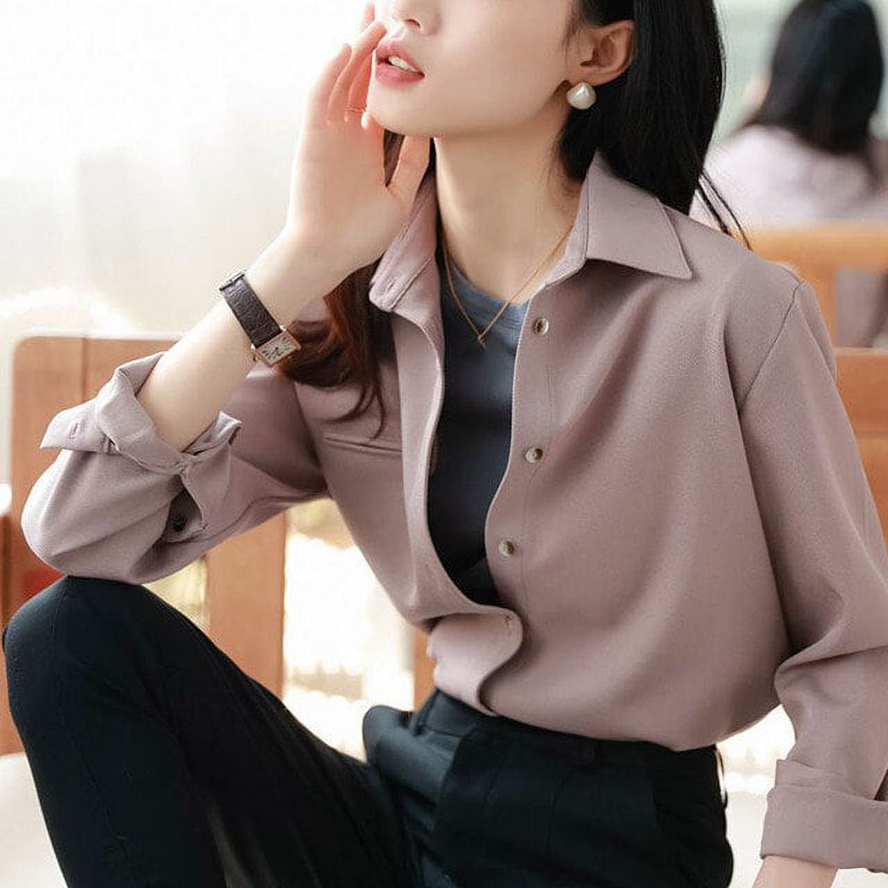 DanceeMangoo Korean Fashion Office Shirt for Women Elegant Turndown Collar  Long Sleeve Blouses Ladies Solid Button Casual Blouse Top
