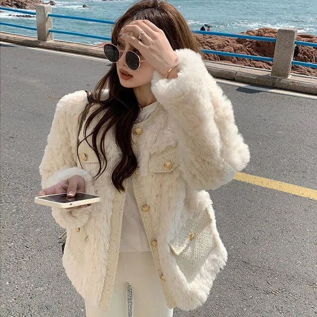 DanceeMangoo Luxury Faux Rabbit Fur Coat for Women Korean Chic Short Zipper  Faux Fur Jacket Ladies Winter Thick Warm Plush Jackets