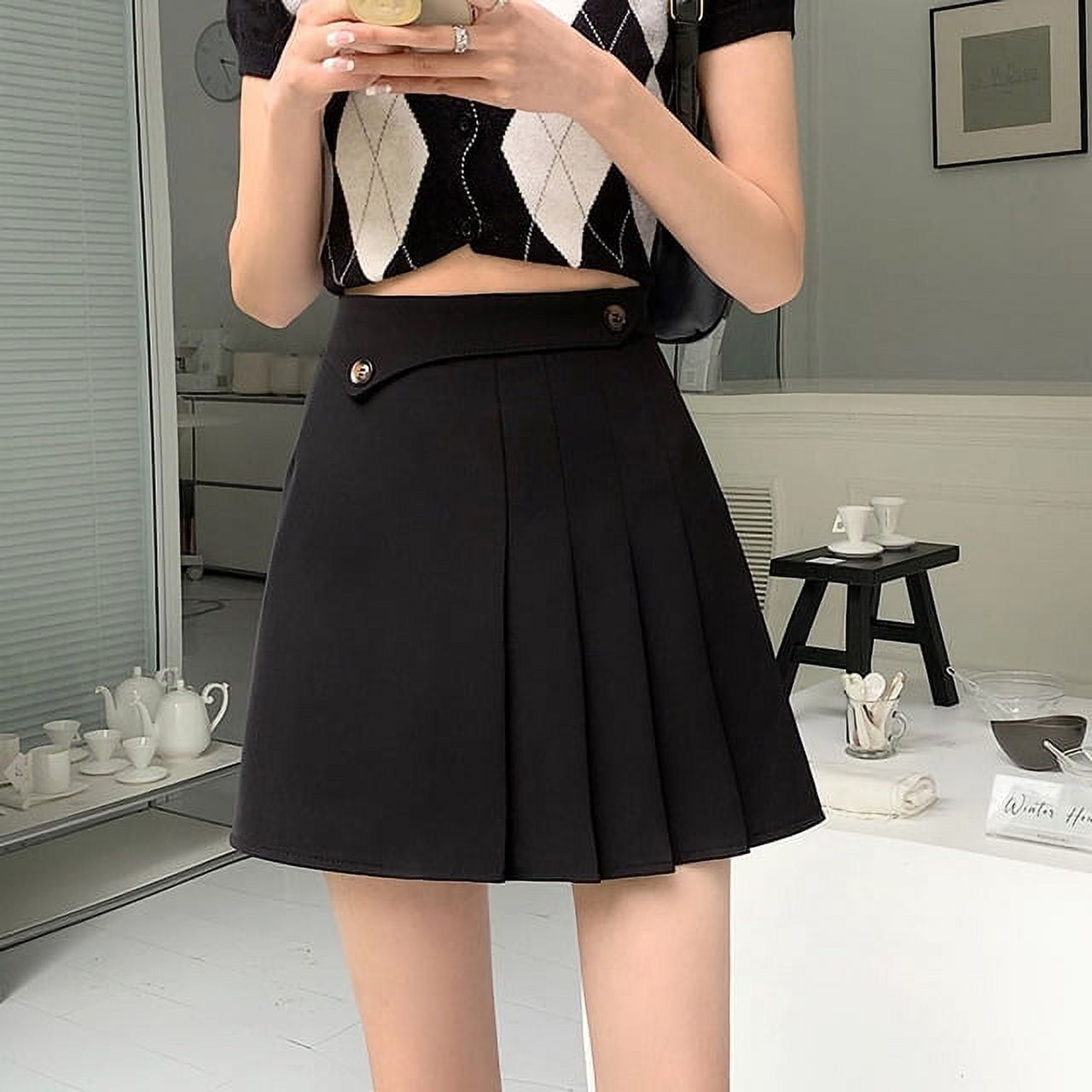 DanceeMangoo Korean Style Womens Pleated Skirts Black White Casual High  Waist Mini Skirt Female Fashion Streetwear A-line Skirts