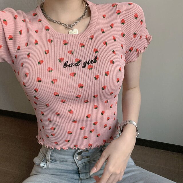DanceeMangoo Korean Sweet Pink Short Sleeve T-shirts Women Summer