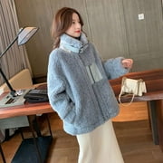 DanceeMangoo Korean Thick Wool Cashmere Coat Women Fashion Stand-Up Collar Faux Fur Outwear Fur All-in-one Motorcycle Jacket Coat