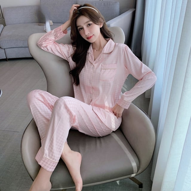 DanceeMangoo Long Sleeve Silk Pajamas Spring Autumn Women Pajama Sets Print Cute  Sleepwear Pyjamas 3XL 4XL 5XL 85kg Nightwear 