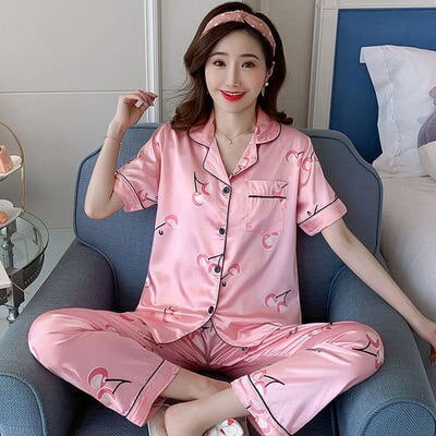 DanceeMangoo Long Sleeve Silk Pajamas Spring Autumn Women Pajama Sets Print  Cute Sleepwear Pyjamas 3XL 4XL 5XL 85kg Nightwear