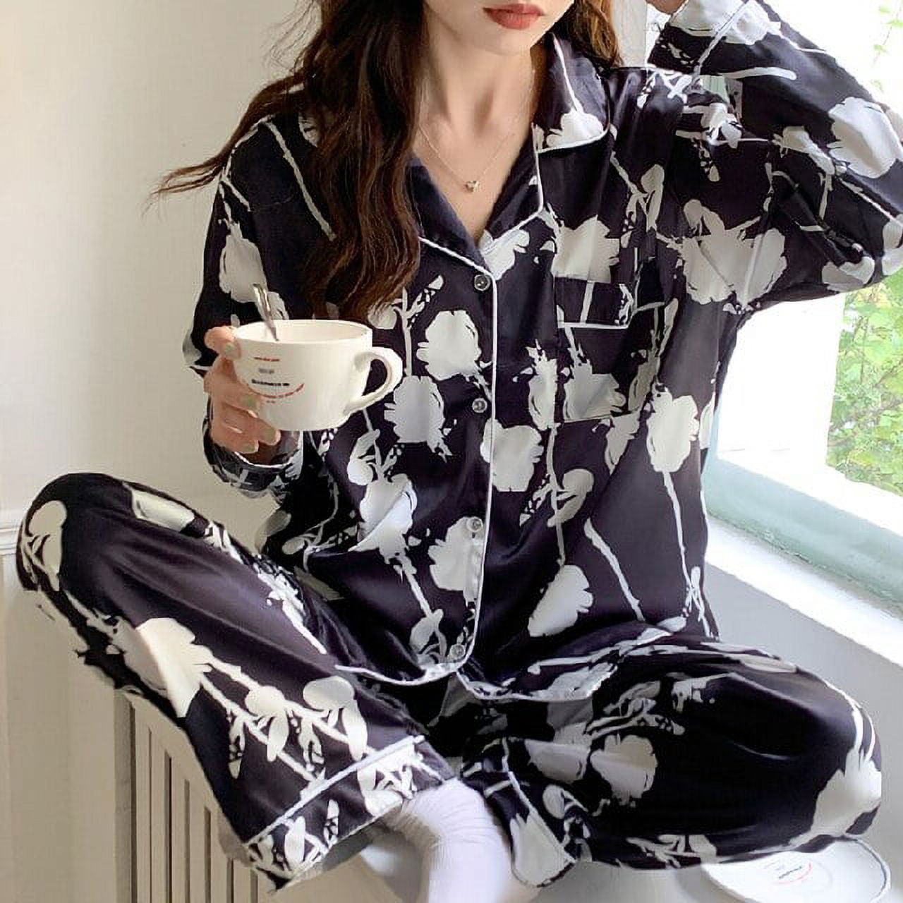 DanceeMangoo Long Sleeve Silk Pajamas Spring Autumn Women Pajama