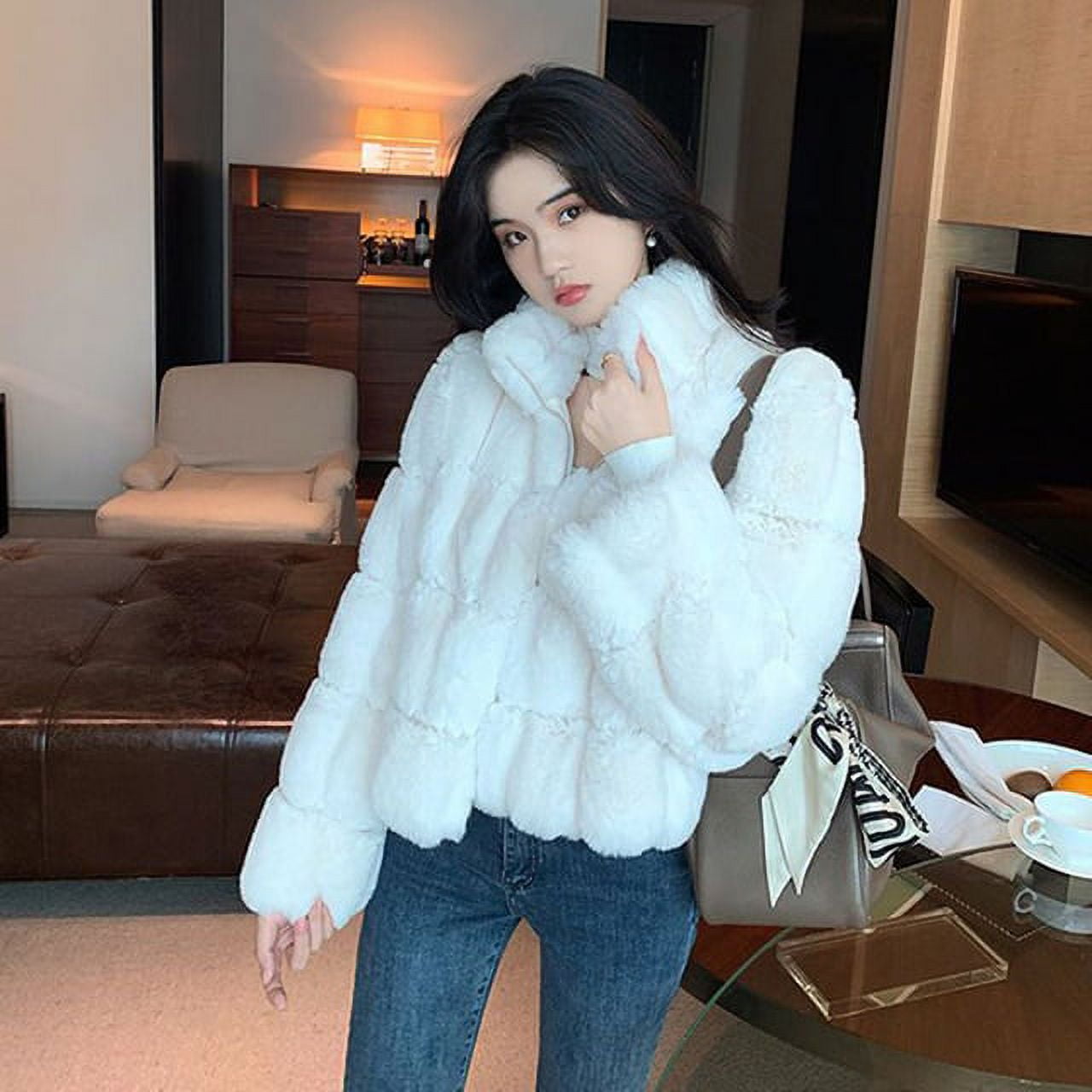 DanceeMangoo Luxury Faux Rabbit Fur Coat for Women Korean Chic Short Zipper Faux  Fur Jacket Ladies Winter Thick Warm Plush Jackets 