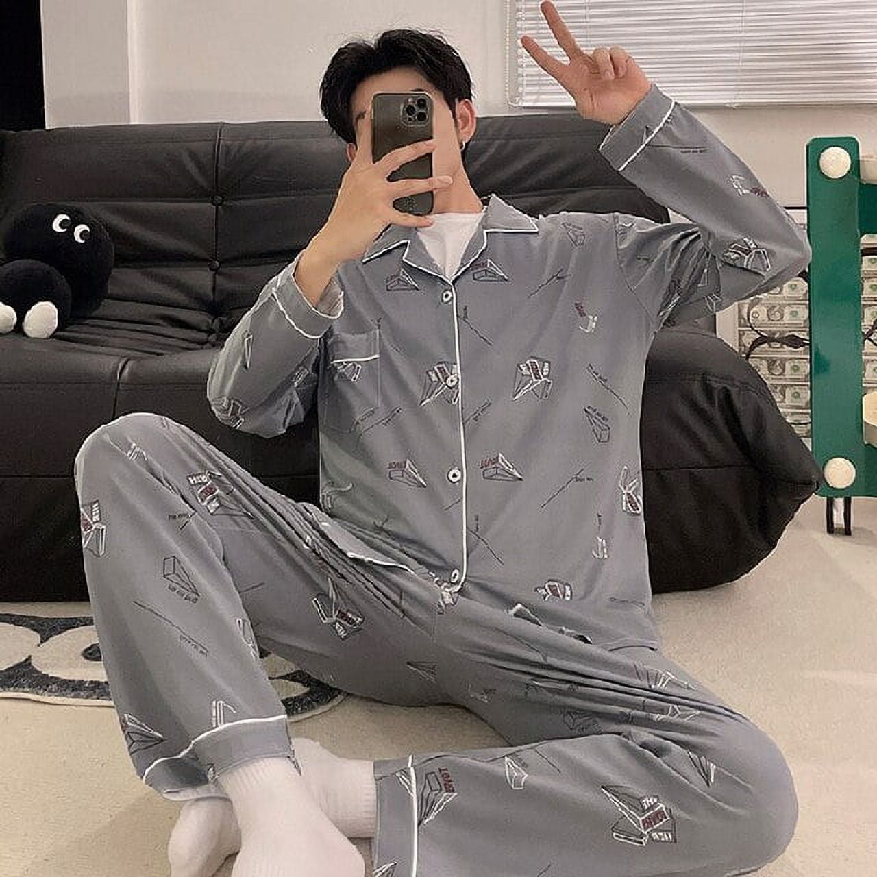 DanceeMangoo Men Pajama Set Leisure Loose Pyjamas Cotton Lounge Wear Cardigan Turn down Collar Print Luxury Home Suits Young Boy Sleepwear Walmart