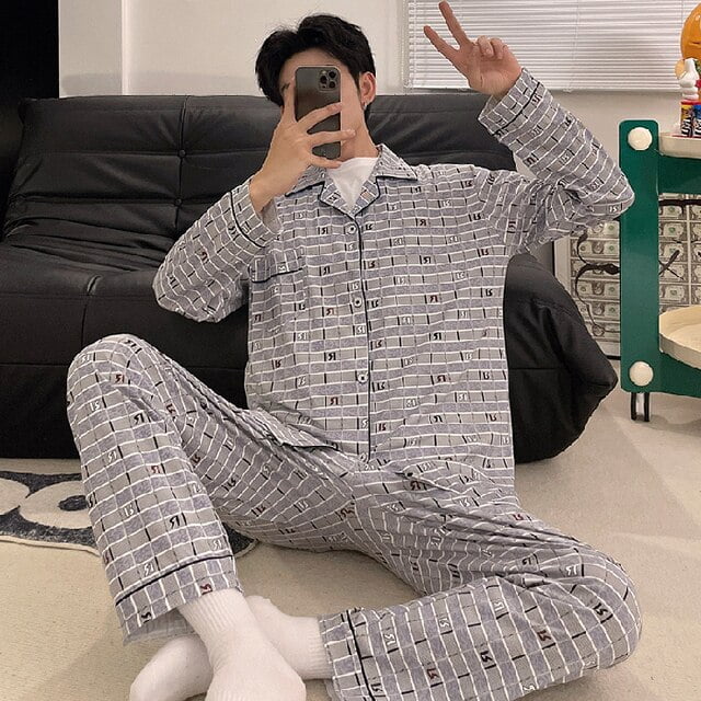 DanceeMangoo Men Pajama Set Leisure Loose Pyjamas Cotton Lounge