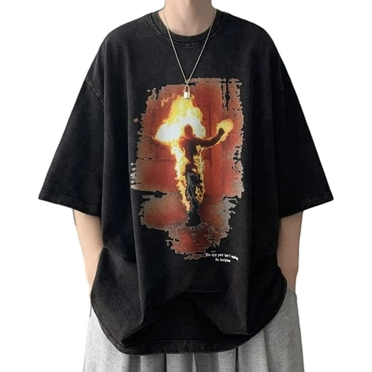 DanceeMangoo Men Women Y2K Dark Academia T-Shirt, Fire Flame Graphic Gothic  Vintage Washed Emo Tee Short Sleeve Shirt Streetwear 