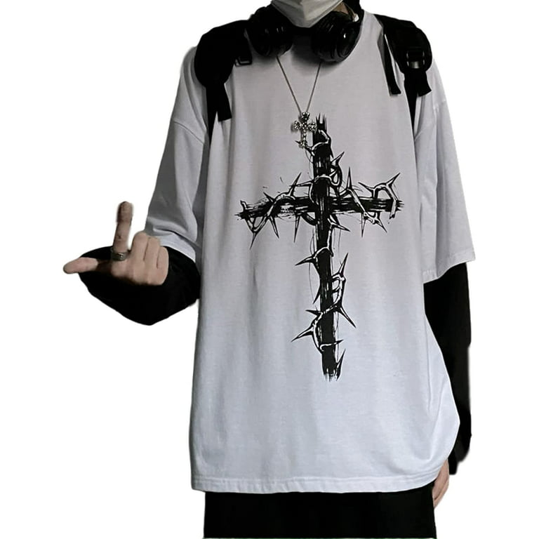 DanceeMangoo Men Women Y2K Skeleton Top Shirts, Crucifix Cross