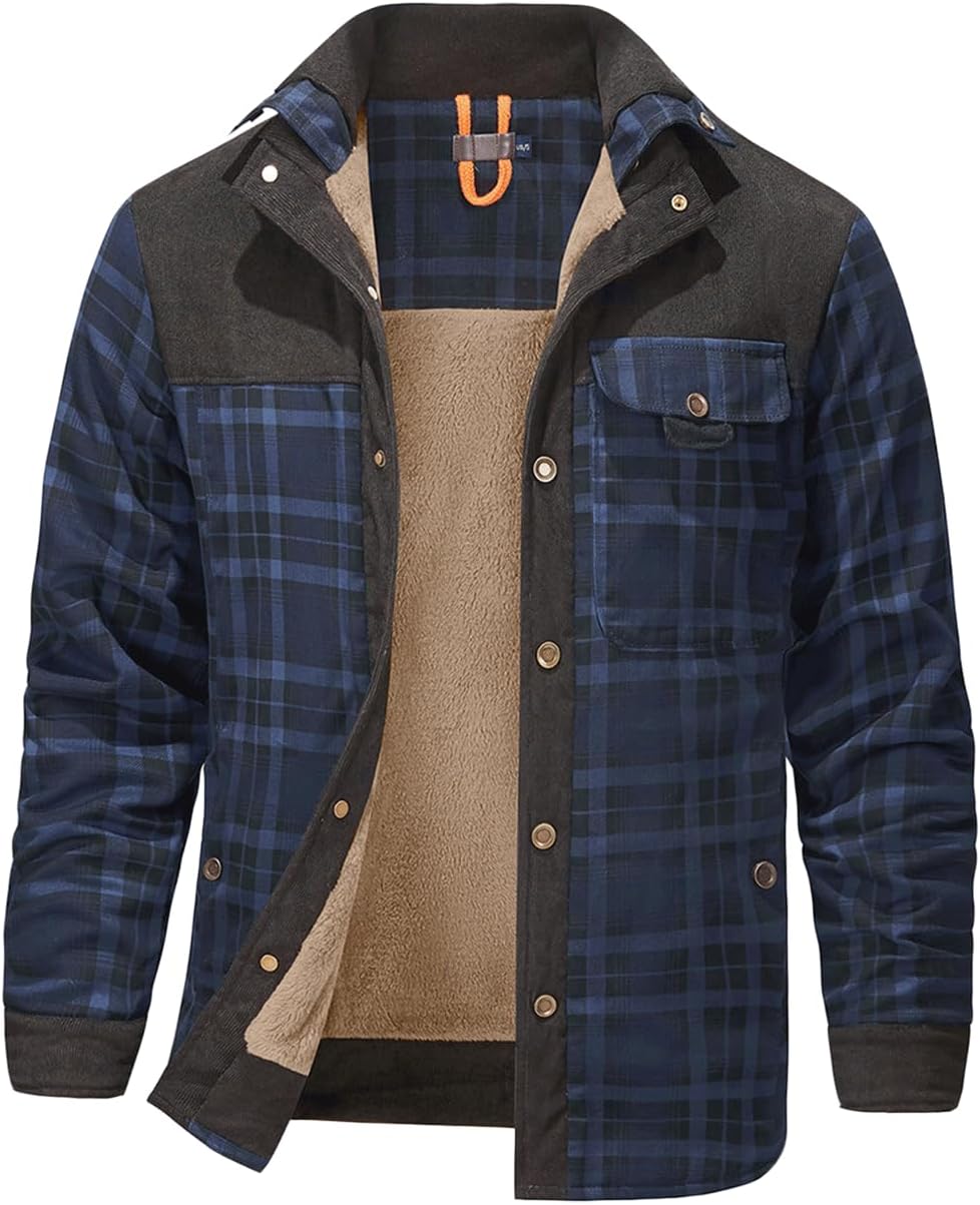 DanceeMangoo Men's Long Sleeve Sherpa Lined Shirt Jacket Flannel Plaid ...