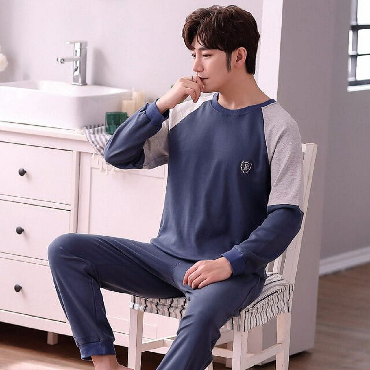 DanceeMangoo Mens Pajamas Set Spring Autumn Leisure Elastic Waist Men Sleepwear Cotton Mens Long Sleeve Nightwear Top Long Men Home Cloth Walmart