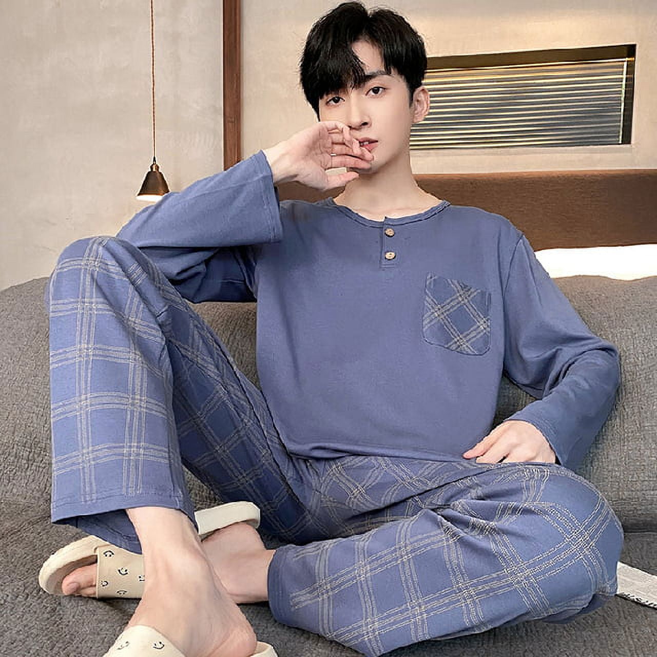 DanceeMangoo Mens Pajamas Set Spring Autumn Leisure Elastic Waist Men Sleepwear Set Cotton Mens Long Sleeve Nightwear Loose Homewear Cloth Walmart