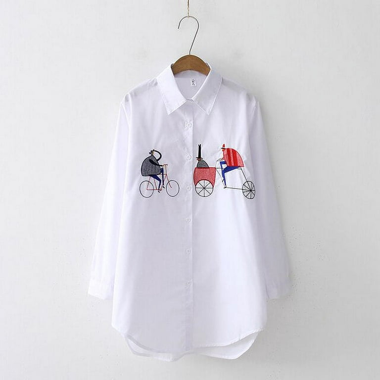DanceeMangoo NEW White Shirt Casual Wear Button Up Turn Down Collar Long  Sleeve Cotton Blouse Embroidery Feminina HOT Sale 