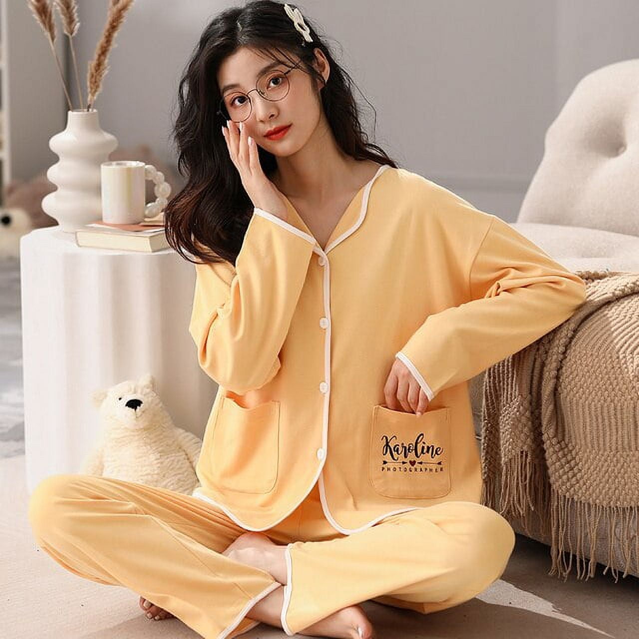 DanceeMangoo Womens Pajamas Set Spring Autumn Night Homewear Suit Sleepwear  Suit Love Pijamas Student Home Wear Pyjamas Kawaii Trousers 