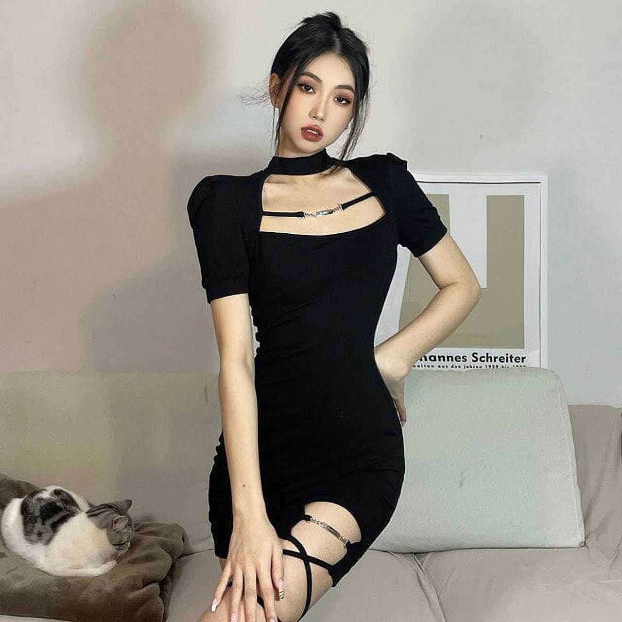 DanceeMangoo New Black Bandage Sexy Dress Women Spice Girls Hollow Out  Short Sleeve Mini Dress Woman Korean Nightclub Slim Short Dresses -  Walmart.com