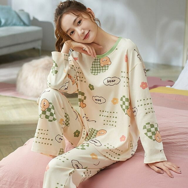 DanceeMangoo New Long Sleeve Cotton Pajamas Set Young Style Women ...