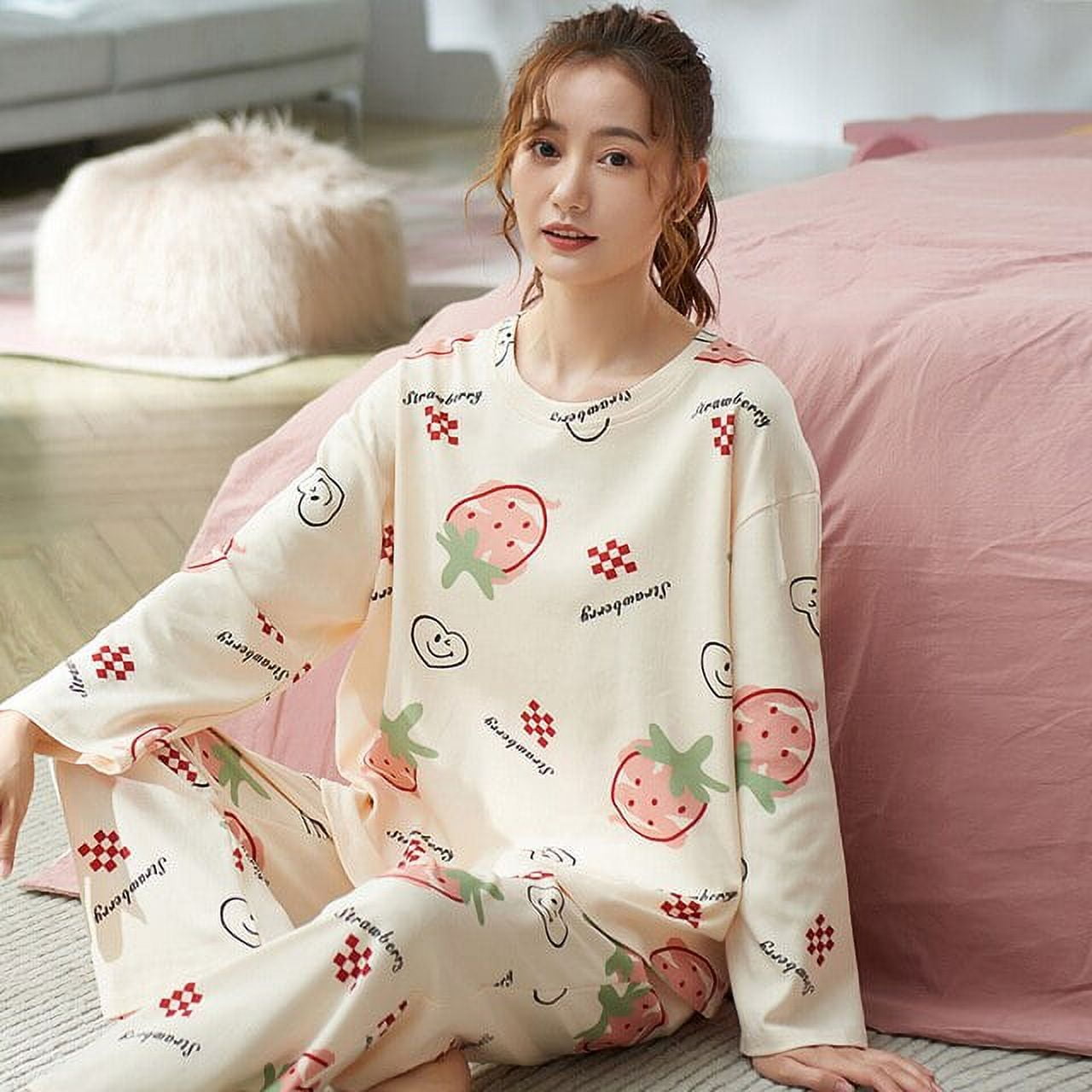 DanceeMangoo New Long Sleeve Cotton Pajamas Set Young Style Women Sleepwear Autumn Lady Nightwear Casual Home Cloth Soft Comfortable Pyjamas Walmart