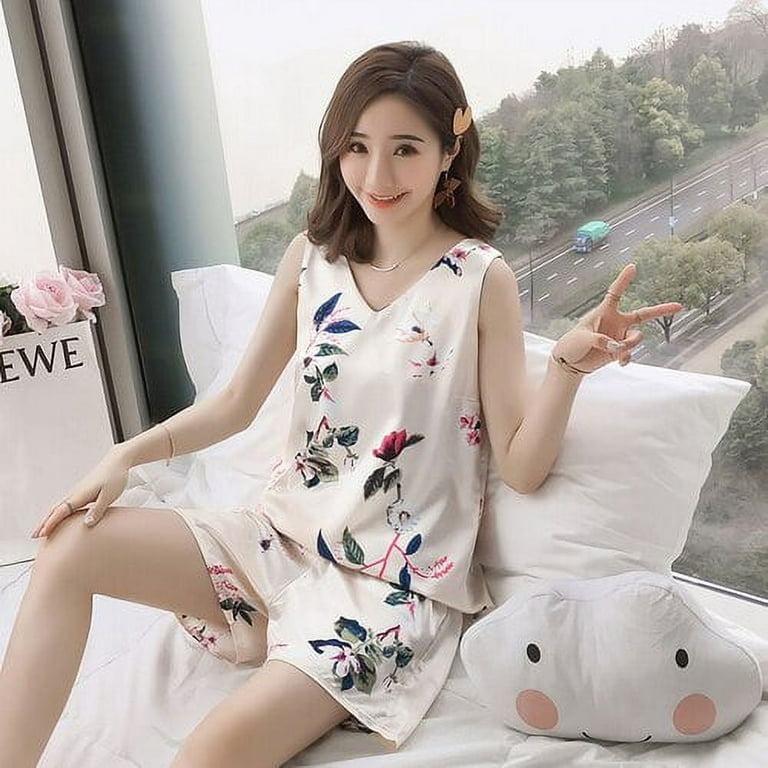 DanceeMangoo New Sale 2pcs Women Sleepwear for Summer Short Ice Silk Vest  Pajamas Sets Girl Print Pyjama Set Women Nightshirt Sets 