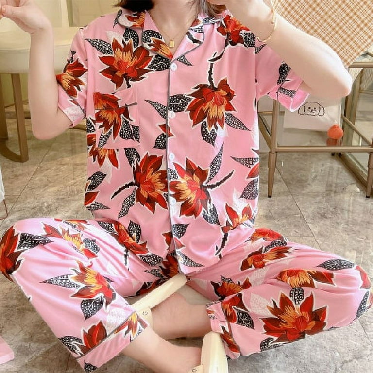 DanceeMangoo New Sale Women Home Wear Summer Short Sleeved Women Pajamas  Set Long Pant Pyjamas Sets Cotton Leisure Sleepwear Set