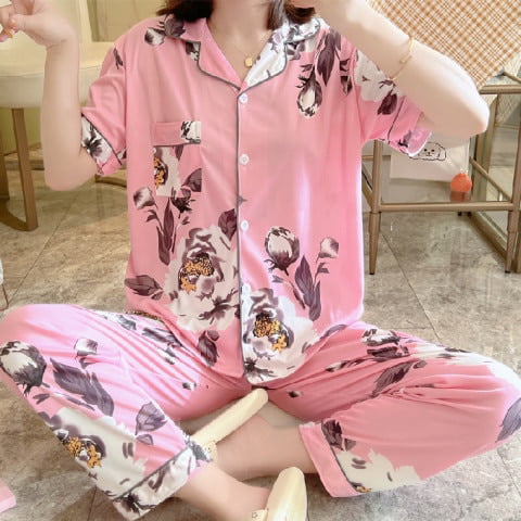 DanceeMangoo New Sale Women Home Wear Summer Short Sleeved Women Pajamas  Set Long Pant Pyjamas Sets Cotton Leisure Sleepwear Set 
