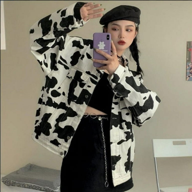 DanceeMangoo New Spring Autumn Women s Jacket Cow Print Jean Jacket BF Harajuku Denim Jacket Loose Women s Big Jacket Cartoons Jackets Walmart